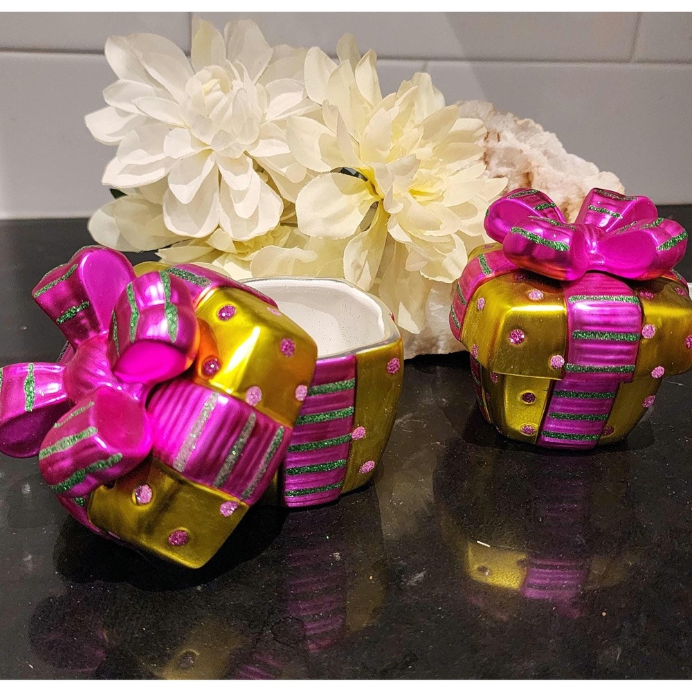 Partylite Gift Box Tealight Holders Pink Gold Holiday Decor Set of 2 Ceramic